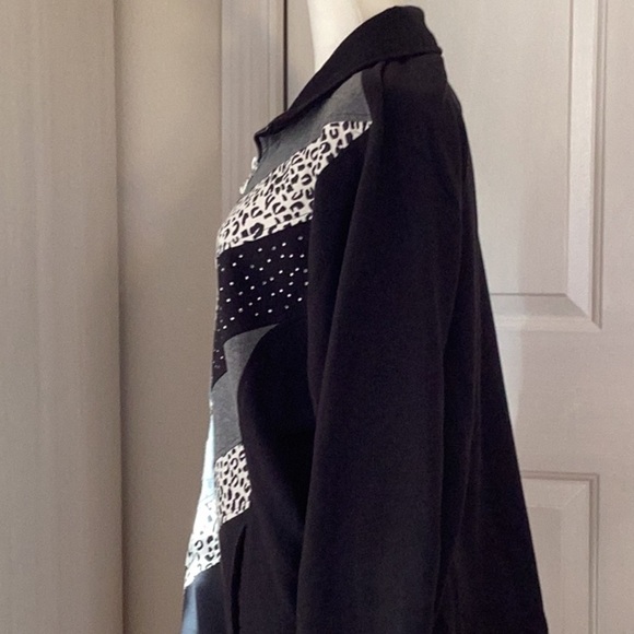 Black W/Print & Sequin Sweat Jacket Long Sleeve Full Zip Size 1X - Picture 2 of 6